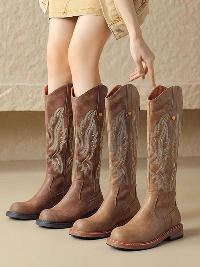 Brown embroidered back zipper long boots