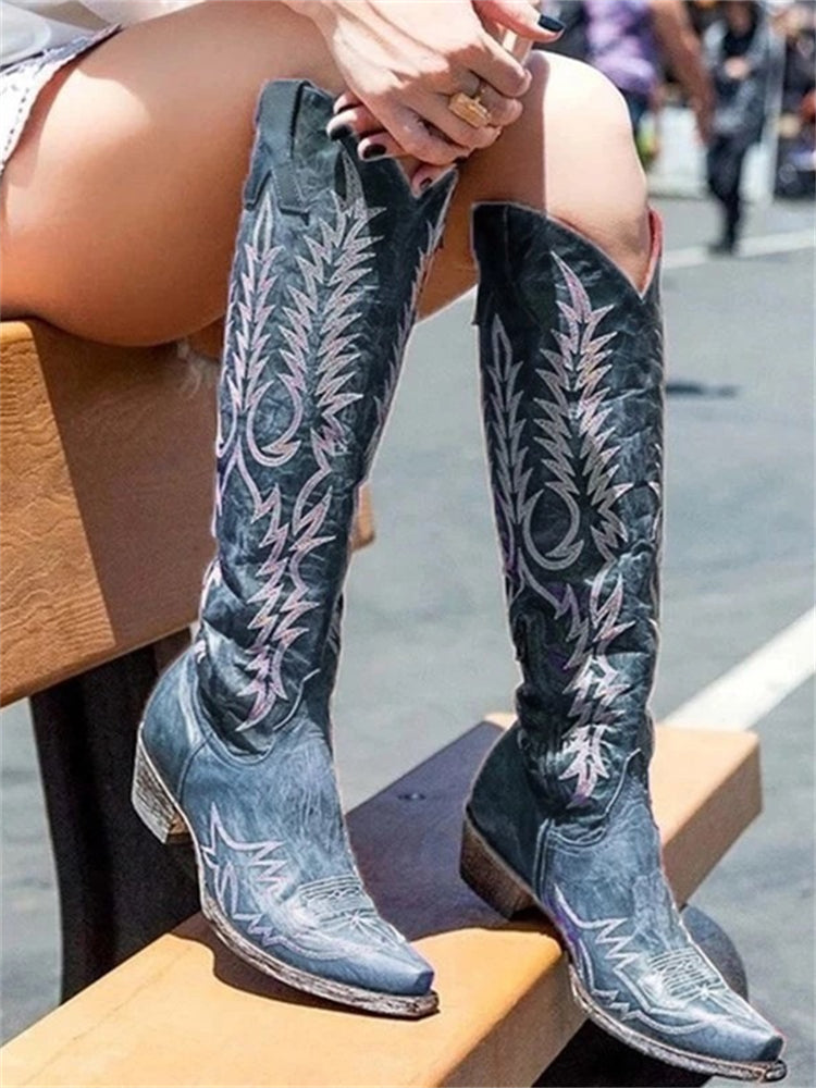Vintage Western Cowboy Embroidered Knee-High Boots