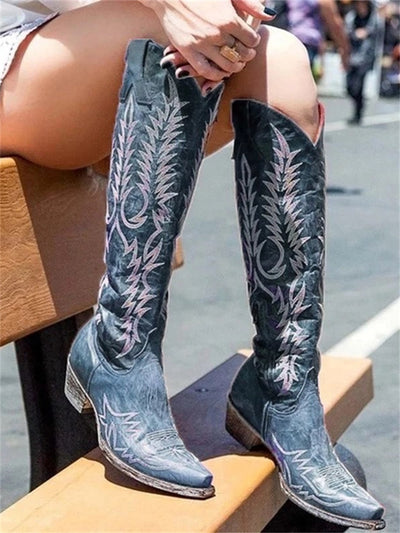 Vintage Western Cowboy Embroidered Knee-High Boots
