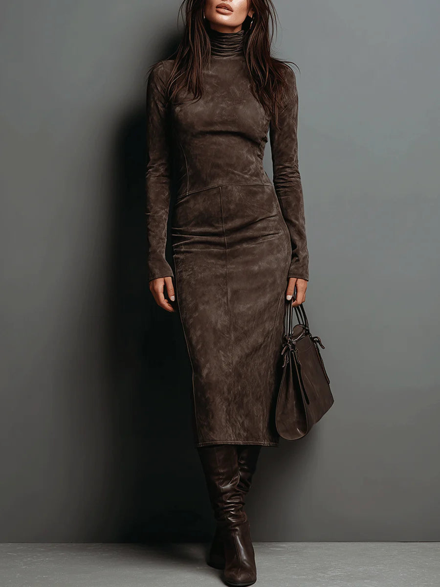 Hadley | High Neck Long Sleeve Suede Midi Dress