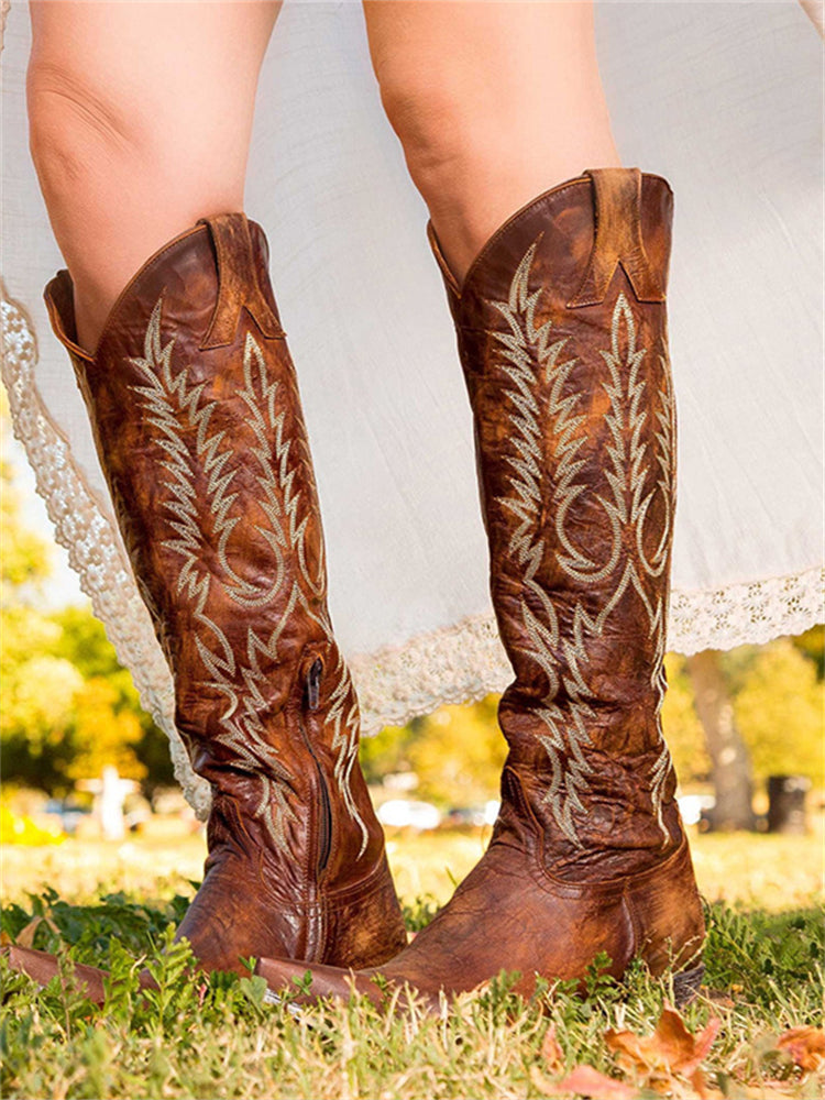 Vintage Western Cowboy Embroidered Knee-High Boots