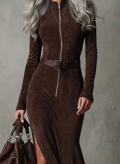 Cataina | Brown Vintage Maxi Dress with Belt