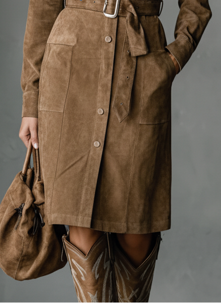 Celia | Long-Sleeve Suede Midi Dress