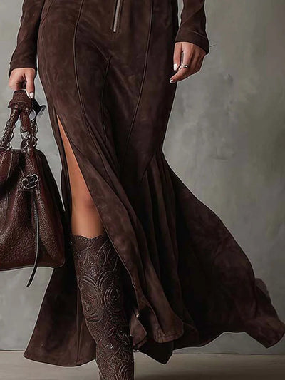 Cataina | Brown Vintage Maxi Dress with Belt