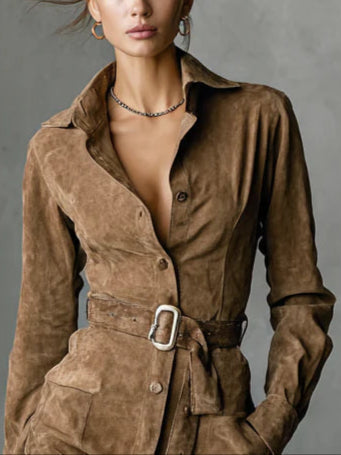 Celia | Long-Sleeve Suede Midi Dress