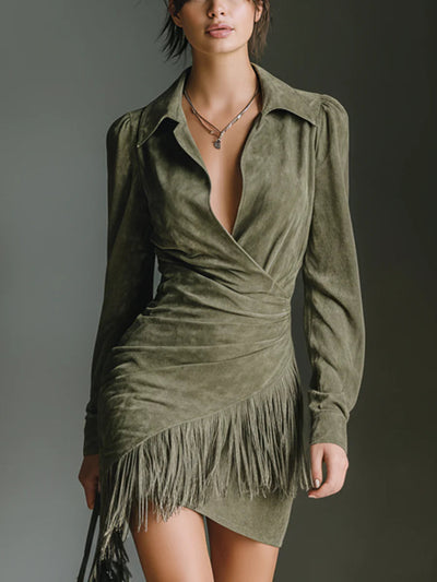 Isadora | Suede Fringe Wrap Dress