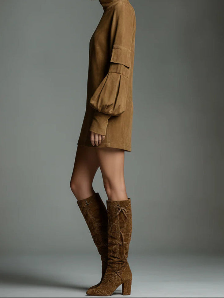 Verónica | Loose-Fit Suede Turtleneck Mini Dress