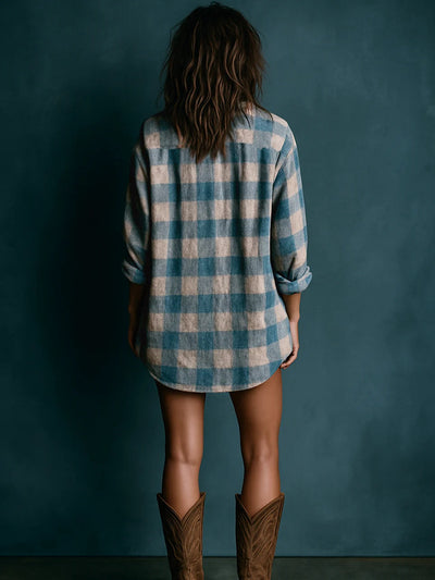 Nicole | Loose Plaid Henley Neck Long Sleeve Mini Dress
