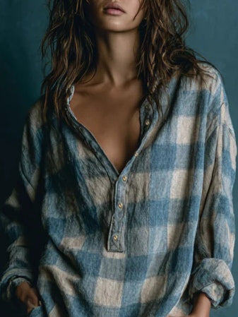 Nicole | Loose Plaid Henley Neck Long Sleeve Mini Dress