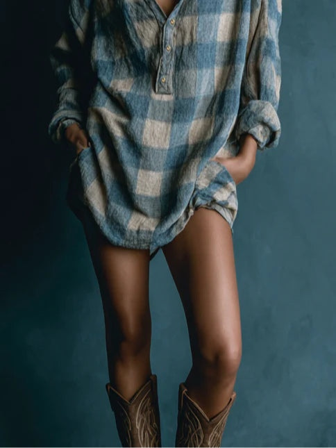 Nicole | Loose Plaid Henley Neck Long Sleeve Mini Dress