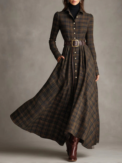 Clara | Brown Plaid Shirt Long Dress