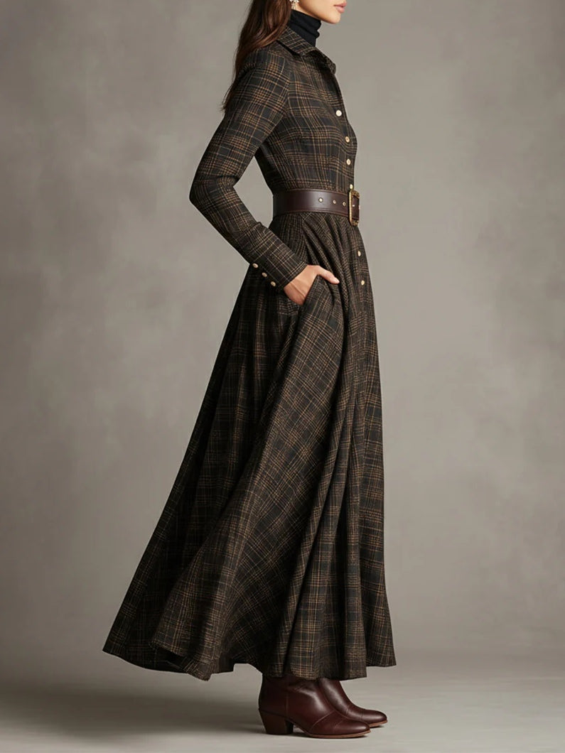 Clara | Brown Plaid Shirt Long Dress