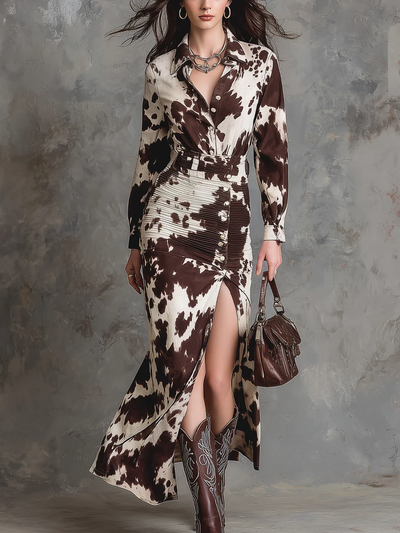 Savannah |  Cow Printed Shirt Maxi Dress
