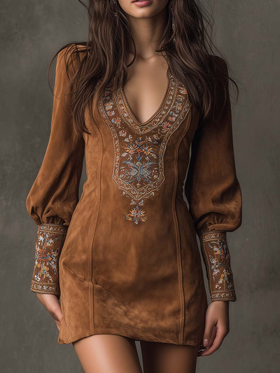 Riley | V-Neck Suede Embroidered Mini Dress