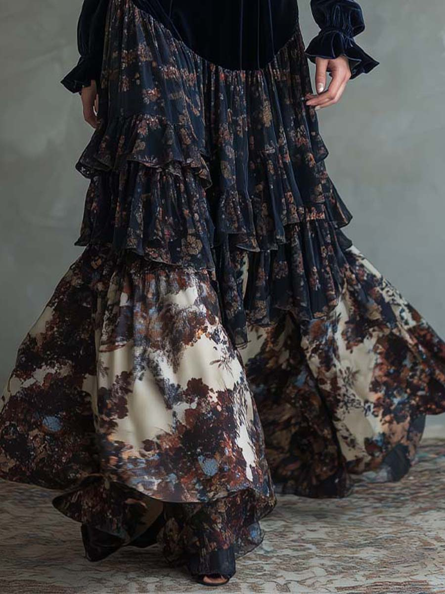 Molly | Velvet and Chiffon Floral Print Maxi Dress