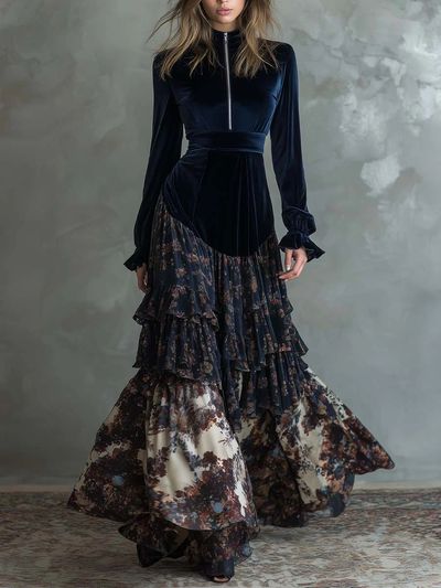 Molly | Velvet and Chiffon Floral Print Maxi Dress