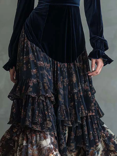 Molly | Velvet and Chiffon Floral Print Maxi Dress