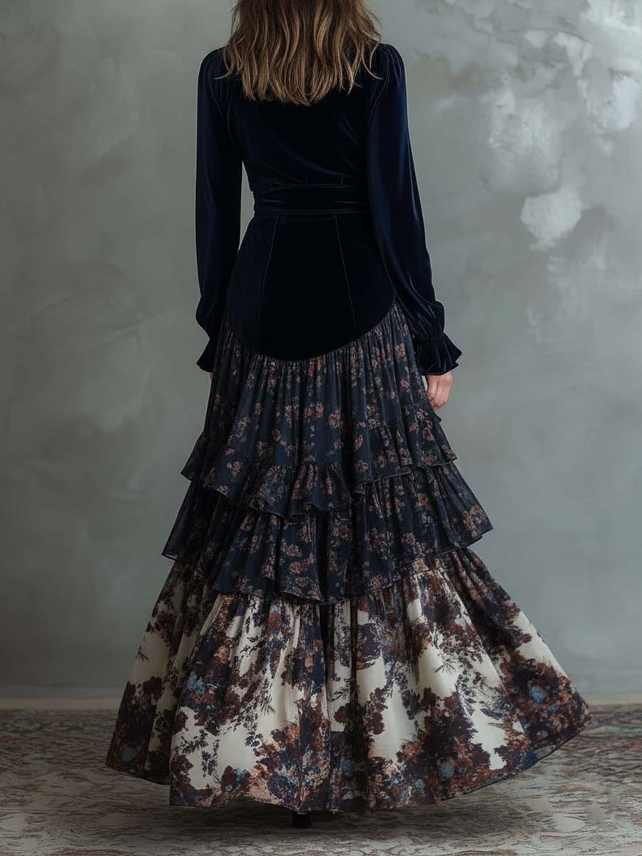 Molly | Velvet and Chiffon Floral Print Maxi Dress