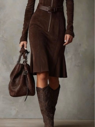 Caterina | Brown Vintage Midi Dress with Zipper and Belt
