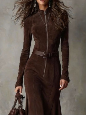 Caterina | Brown Vintage Midi Dress with Zipper and Belt