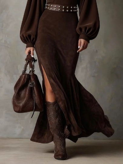 Valeria | Suede Puff Sleeve Maxi Dress