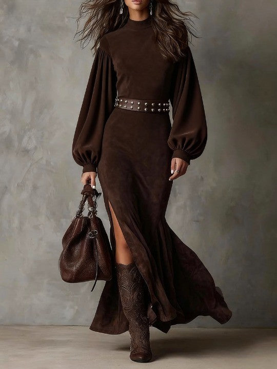 Valeria | Suede Puff Sleeve Maxi Dress