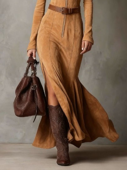 Isabella | Vintage Camel Zipper Belted Maxi Dress