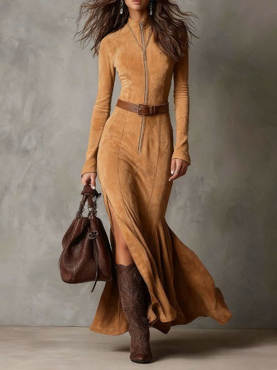 Isabella | Vintage Camel Zipper Belted Maxi Dress