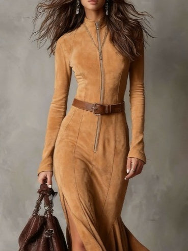 Isabella | Vintage Camel Zipper Belted Maxi Dress