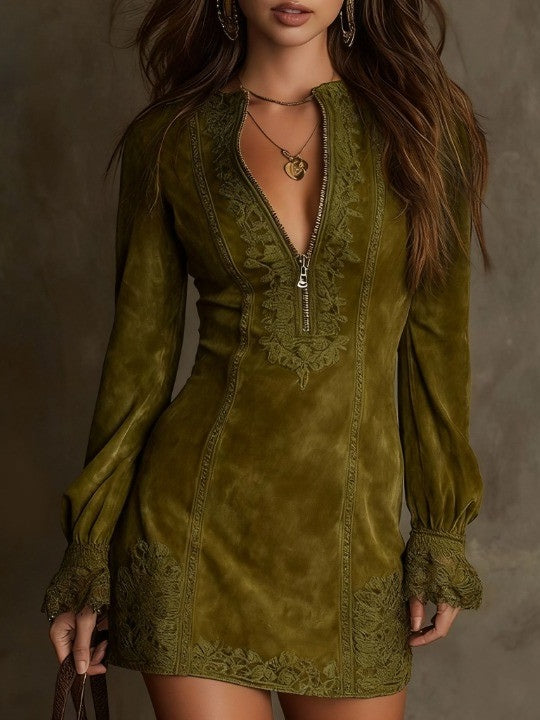 Addison | Suede Lace Trim Mini Dress